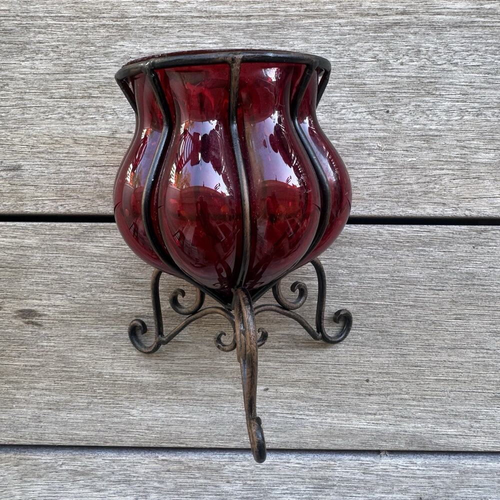 Vintage Red Caged Glass Vase With Black Wrought Iron Scroll Design Candle Holder